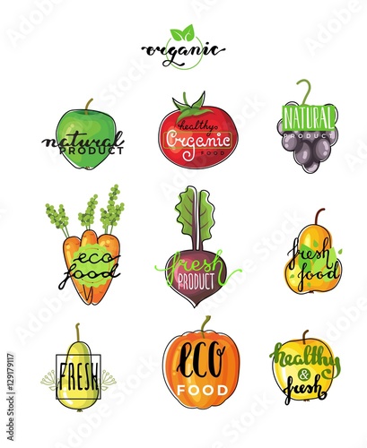 Hand lettering logo of vegetarian ecology fresh food. Hand drawn typeface.