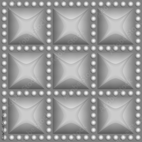 Seamless silver metal buttons in a square, surrounded by gray circles. Vector pattern for design