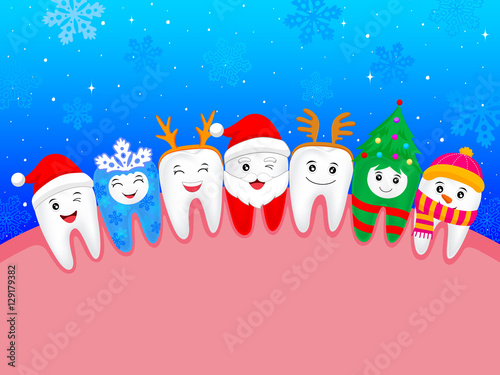 happy cute cartoon tooth. illustration. snowflake, Santa Claus, Xmas tree, deer, snowman. great for celebrate Christmas.