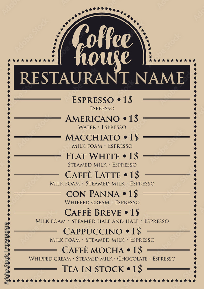 price list menu for coffee house with different drinks Stock Vector