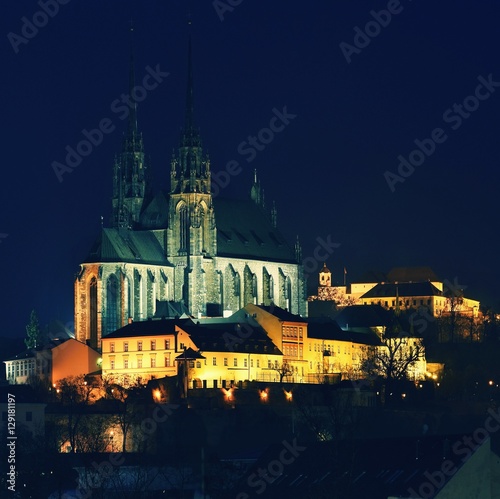 Night Photography. Petrov - St. Peters and Paul church in Brno city.Urban old architecture. Central Europe Czech Republic. © montypeter