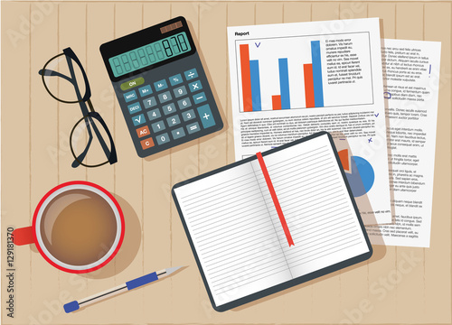Finance Managment Workspace Desk Top View From Above Calculator, Glasses, Pen, Papers Vector Illustration 