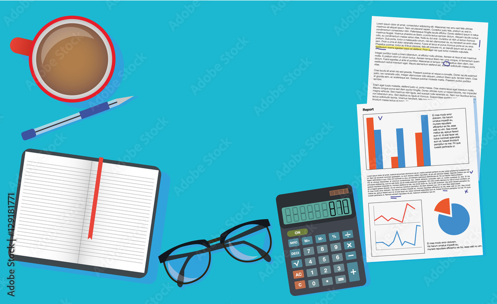 Finance Managment Workspace Desk Top View From Above Calculator, Glasses, Pen, Papers Vector Illustration Finance Managment Workspace Desk Top View From Above Calculator, Glasses, Pen, Papers Vector Illustration