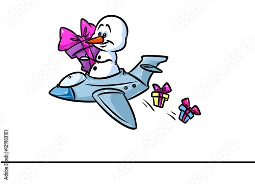 Christmas snowman character plane flying gift cartoon illustration isolated image   © efengai