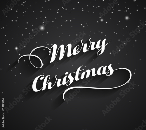 Merry Christmas greeting card, Merry Christmas white letters on black with snow