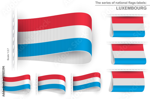 Photography National state flag of Luxembourg; Sewn clothing label tag; Vector icon set Gran