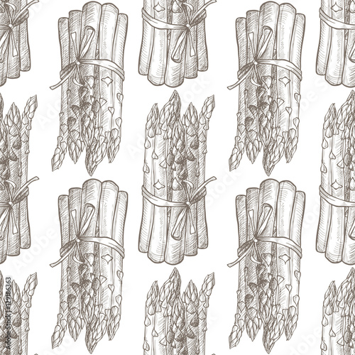 Asparagus. Seamless vector pattern, monochrome illustration. Hand drawn sketch style. Food vintage background.