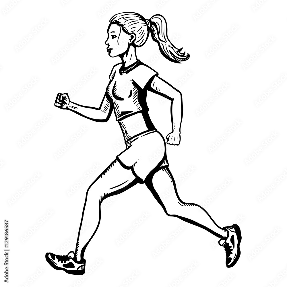 Vector Female Character. Jogging Young Woman.
