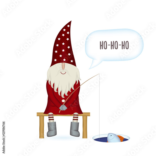 Nisse Santa Claus scandinavian folk style, nordic Christmas motive in red coat, musician with drum isolated on white background, vector illustration