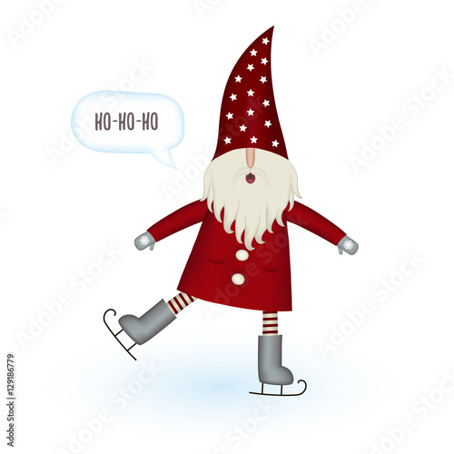 Nisse Santa Claus scandinavian folk style, nordic Christmas motive in red coat, athlete on skates isolated on white background, vector illustration
