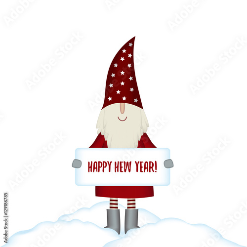 Nisse Santa Claus scandinavian folk style, nordic Christmas motive in red coat with with banner isolated on white background, vector illustration