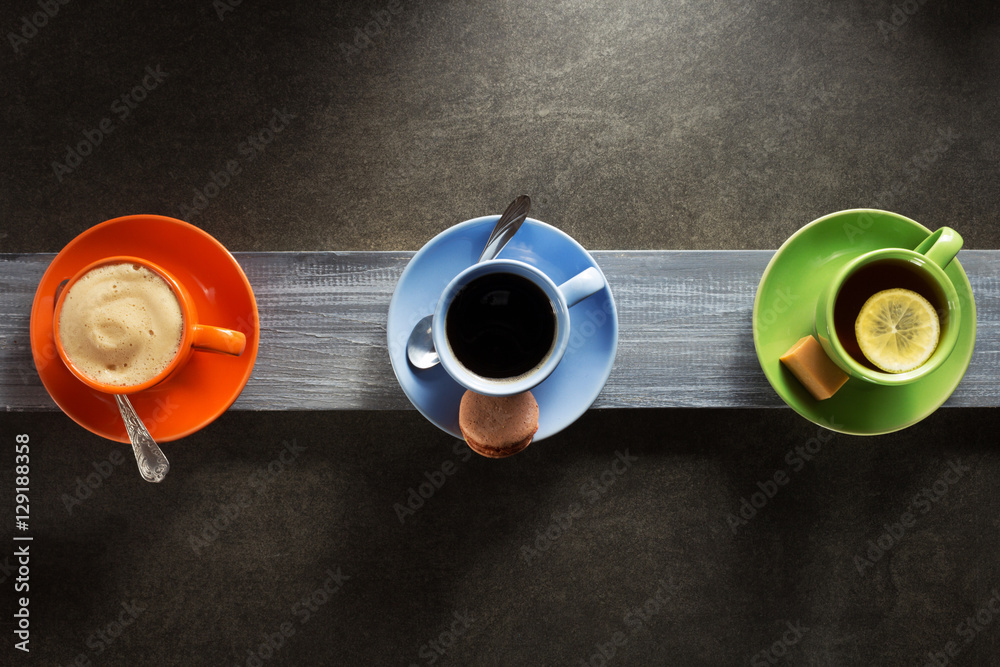 cup of coffee and tea on wood cup of coffee and tea on wood