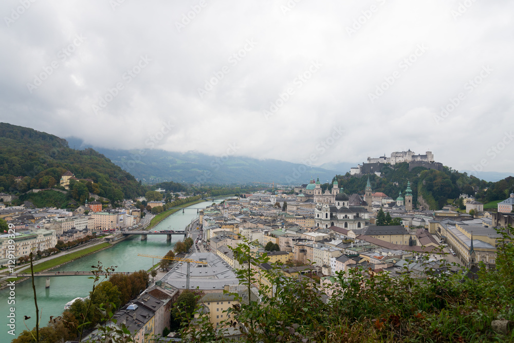 Top view cloudy day of Salzburg, Austria in Autumn.