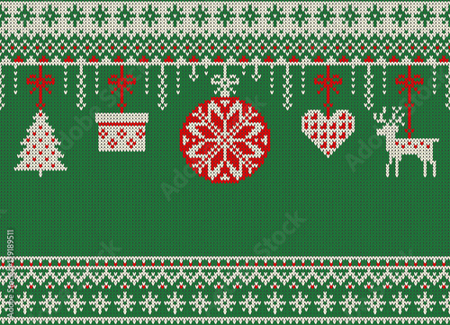 Merry Christmas and New Year seamless knitted pattern with Christmas balls, snowflakes and fir. Scandinavian style. Winter Holiday Sweater Design. Vector Illustration.