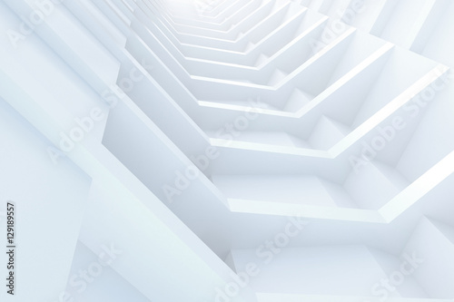 3d illustration. White architectural abstract composition. The framework of repetitive elements in perspective. Images and associations: the skeleton, spine; modern skyscraper with balconies; tunnel.