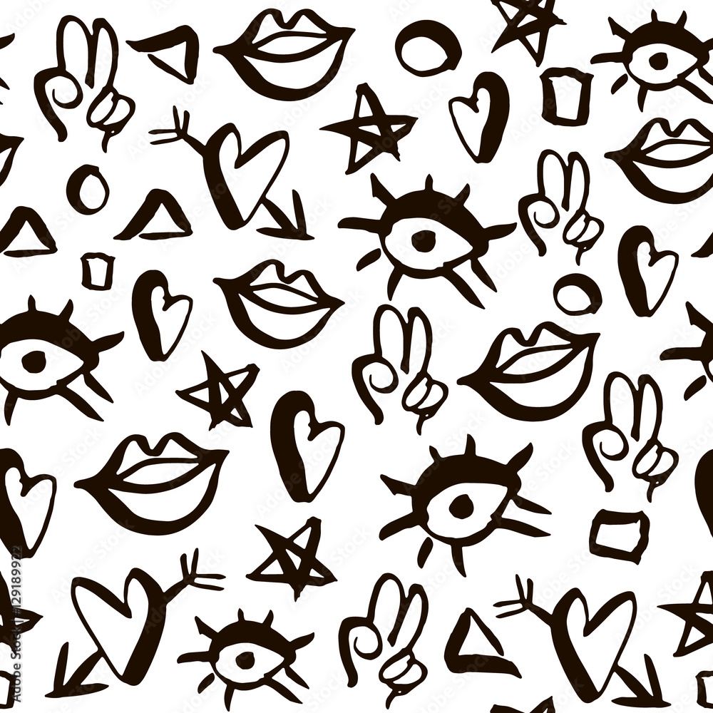Abstract seamless pattern with ink made elements. Eyes,lips, stars,geometric signs. Modern black and white texture. Vector Illustration