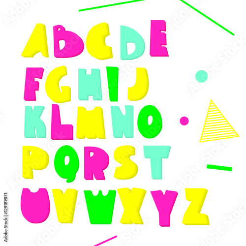 Neon 3d font. Bright volumetric letters isolated on white. Vector alphabet