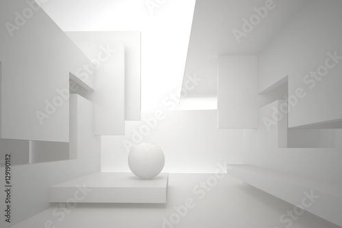 3d illustration. White interior of a non-existent building. Walls with rectangular holes, multilevel ceiling, white sphere on the floor. Light in perspective. Architectural minimal background, render.