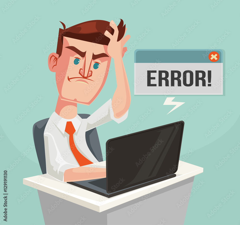 Error message and puzzled office worker character. Vector flat cartoon illustration