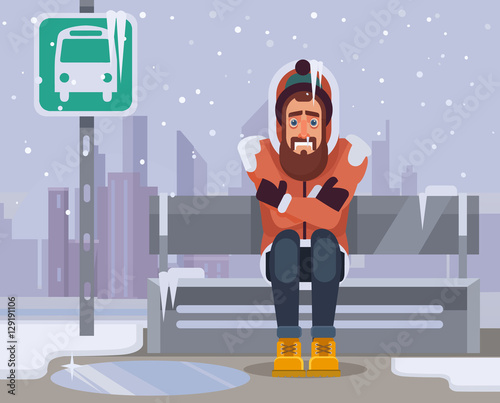 Frozen man character waiting for bus for long time. Vector flat cartoon illustration