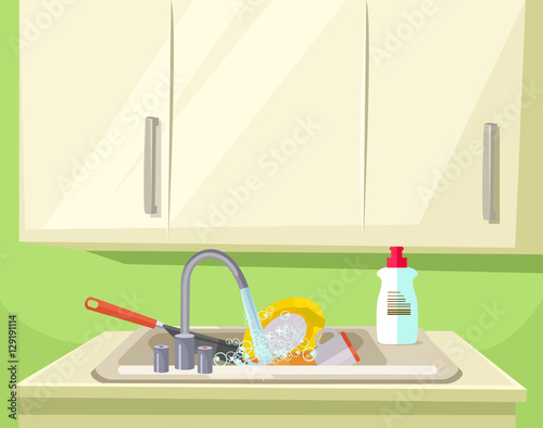 Sink full of dirty dishes. Vector flat cartoon illustration