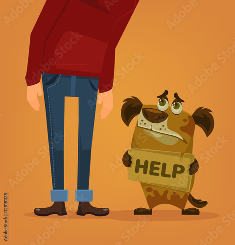 Dog character need home and help. Vector flat cartoon illustration