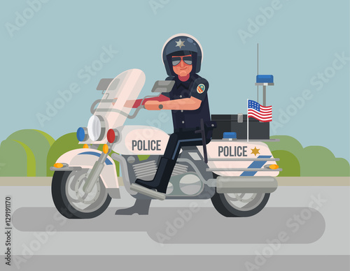 Police officer character sitting on motorcycle. Vector flat cartoon illustration photo