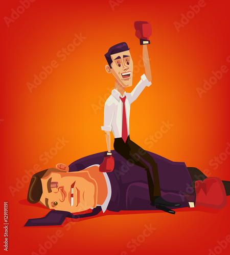 Small businessman character win big businessmen and corruption. Vector flat cartoon illustration
