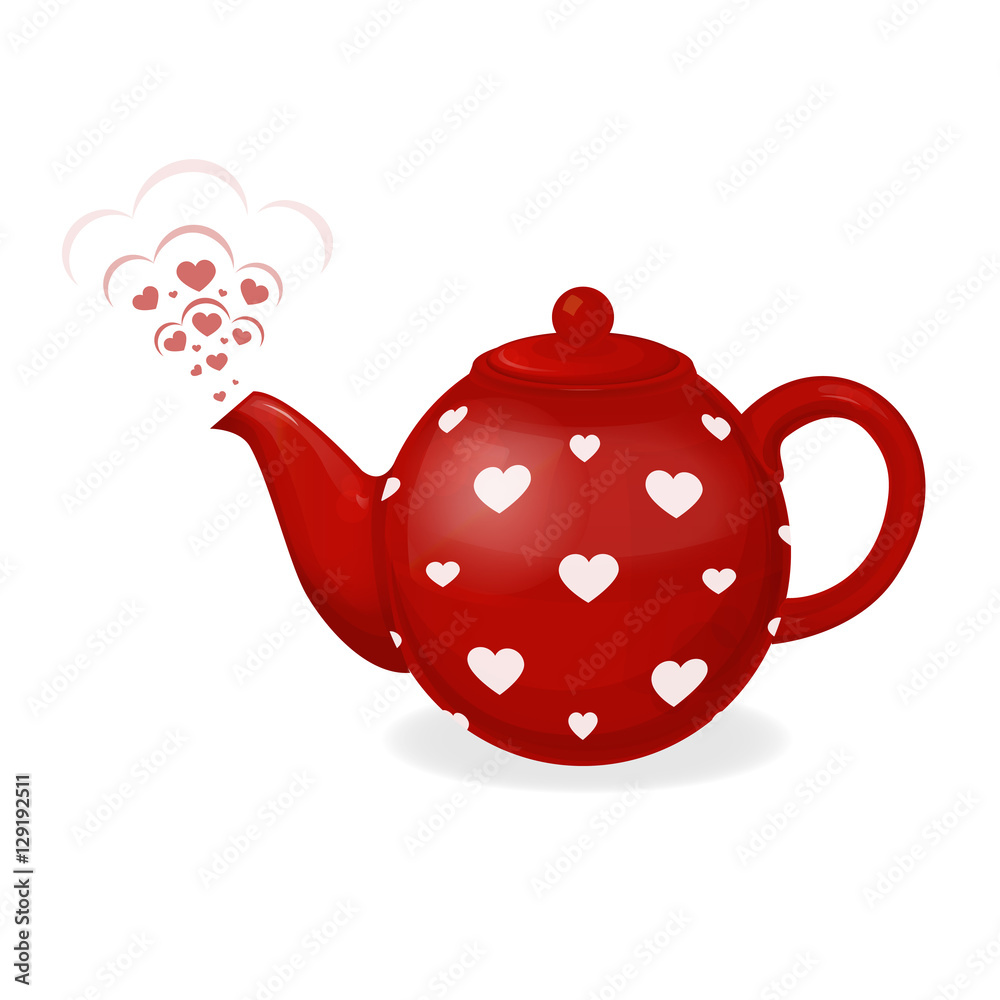 Red tea kettle in white heart. From the teapot spout is in the form of  pairs of hearts. Illustration for Valentine's Day Stock Vector | Adobe Stock