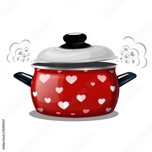 Vector illustration of a red pot, steam comes out of it in the form of hearts. Card for the holiday Valentine's Day.