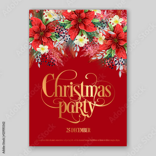 Poinsettia Christmas Party Invitation sample card beautiful winter floral ornament