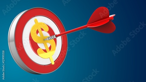 3d illustration of target with red dart and dollar sign over blue background