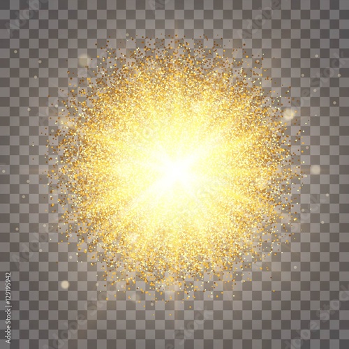 Effect of particles flying on top of a gold glitter sparkles dust luxurious design rich background. The effect of sunlight illumination. Luxury golden texture