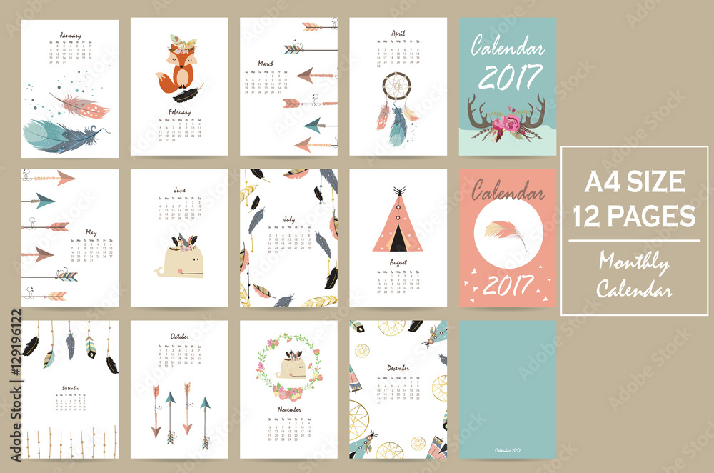 Colorful cute monthly calendar 2017 with tent,whale,feather,arrow,fox and wild.Can be used for web,banner,poster,label and printable