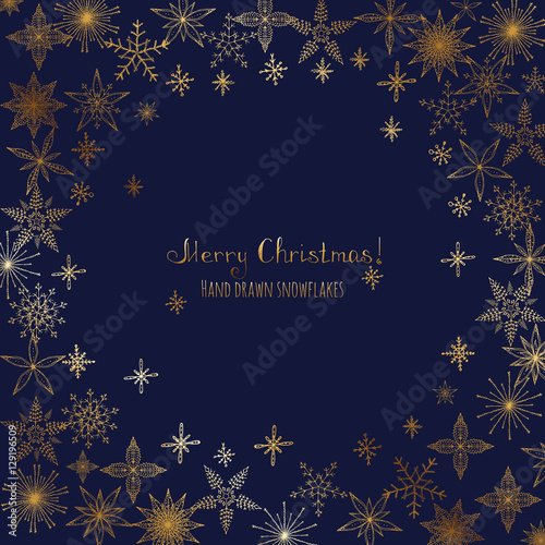 Set of hand drawn snowflakes. Ornament made from decorative golden snowflakes. Vector sketch illustration Christmas blue background with glitter snowflakes. Merry Christmas concept. Happy new year.