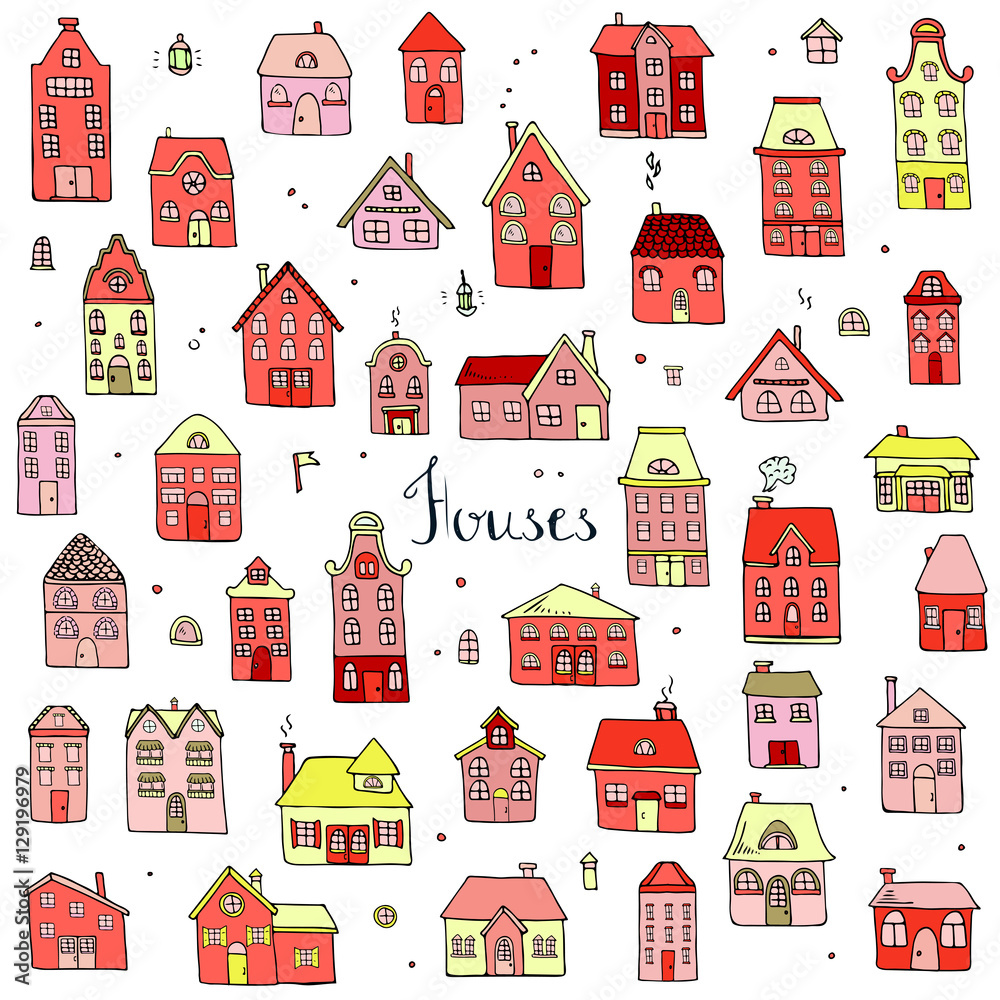 Hand drawn doodle street homes icons set. Vector illustration. Cottage symbol collection. Cartoon village buildings various sketch architectural elements: residential houses, housing, property Hand drawn doodle street homes icons set. Vector illustration. Cottage symbol collection. Cartoon village buildings various sketch architectural elements: residential houses, housing, property