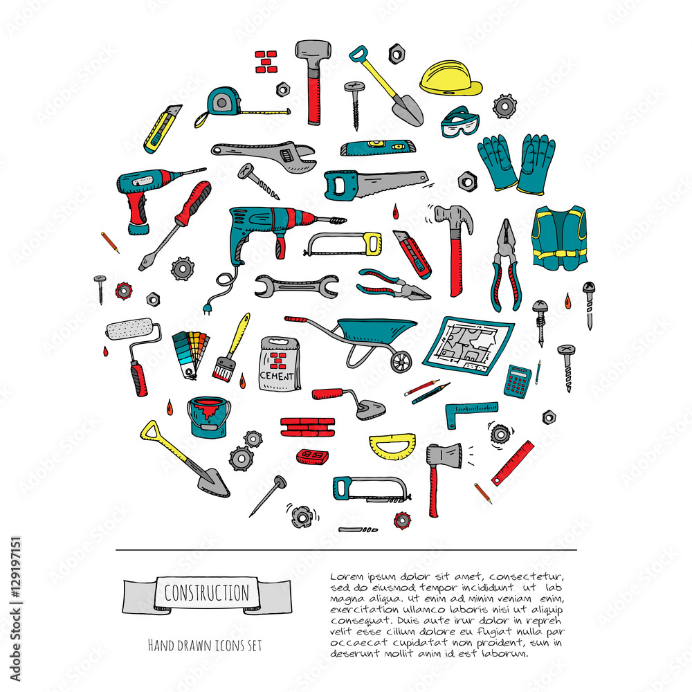 Hand drawn doodle Construction tools set Vector illustration building icons House repair icons concept collection Modern sketch style labels of house remodel gear elements and symbols Home repair tool