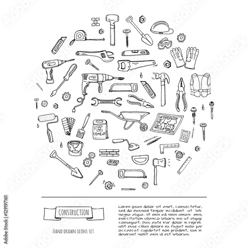 Hand drawn doodle Construction tools set Vector illustration building icons House repair icons concept collection Modern sketch style labels of house remodel gear elements and symbols Home repair tool
