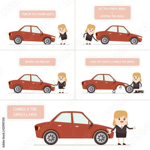 set of step businesswoman switch the wheels on a car, infographics a woman change a tire safely & easy