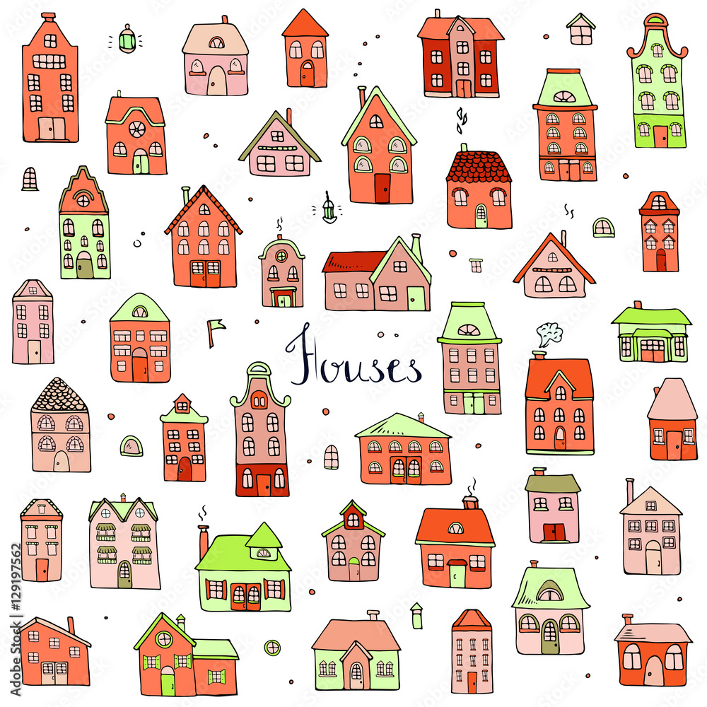 Hand drawn doodle street homes icons set. Vector illustration. Cottage symbol collection. Cartoon village buildings various sketch architectural elements: residential houses, housing, property Hand drawn doodle street homes icons set. Vector illustration. Cottage symbol collection. Cartoon village buildings various sketch architectural elements: residential houses, housing, property