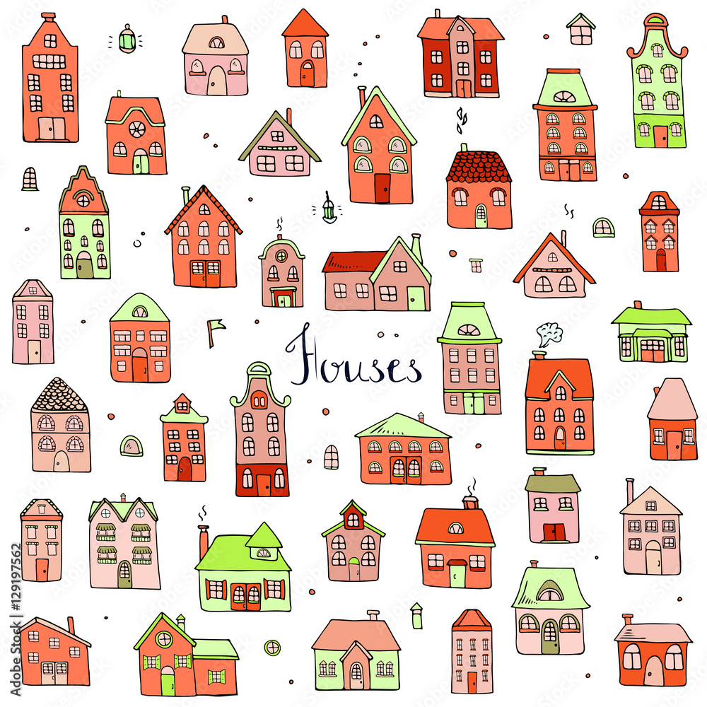 Hand drawn doodle street homes icons set. Vector illustration. Cottage symbol collection. Cartoon village buildings various sketch architectural elements: residential houses, housing, property