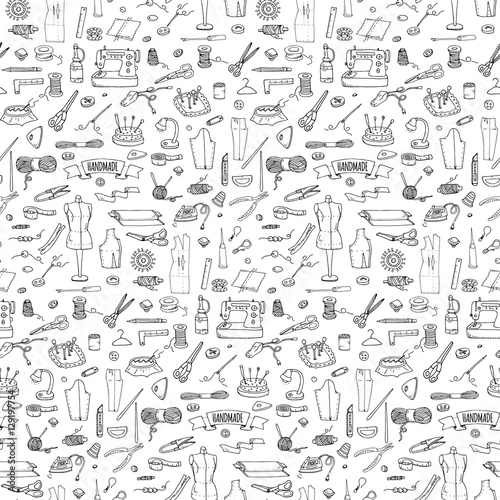 Seamless pattern hand drawn doodle Handmade icons set. Vector illustration. Sewing collection. Cartoon hand made various sketch elements: embroidery, button, needle, scissors, spool, pin, knitting
