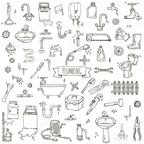 Hand drawn doodle Plumbing icons set. Vector illustration. Plumber repair tools collection. Cartoon water pipe various sketch elements: sink, tube, drain, broken washing machine, splash, drops, leak