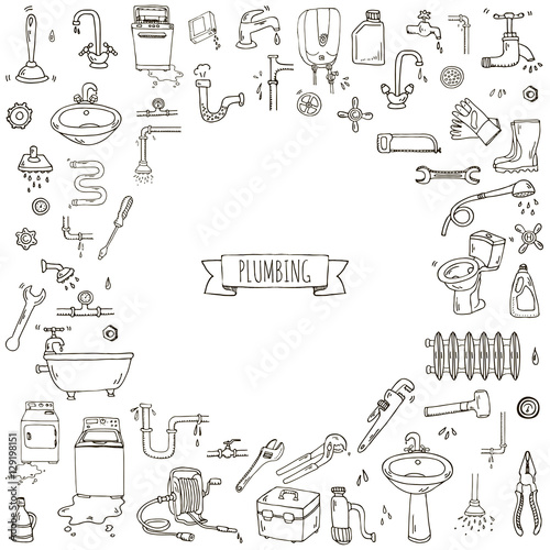 Hand drawn doodle Plumbing icons set. Vector illustration. Plumber repair tools collection. Cartoon water pipe various sketch elements: sink, tube, drain, broken washing machine, splash, drops, leak