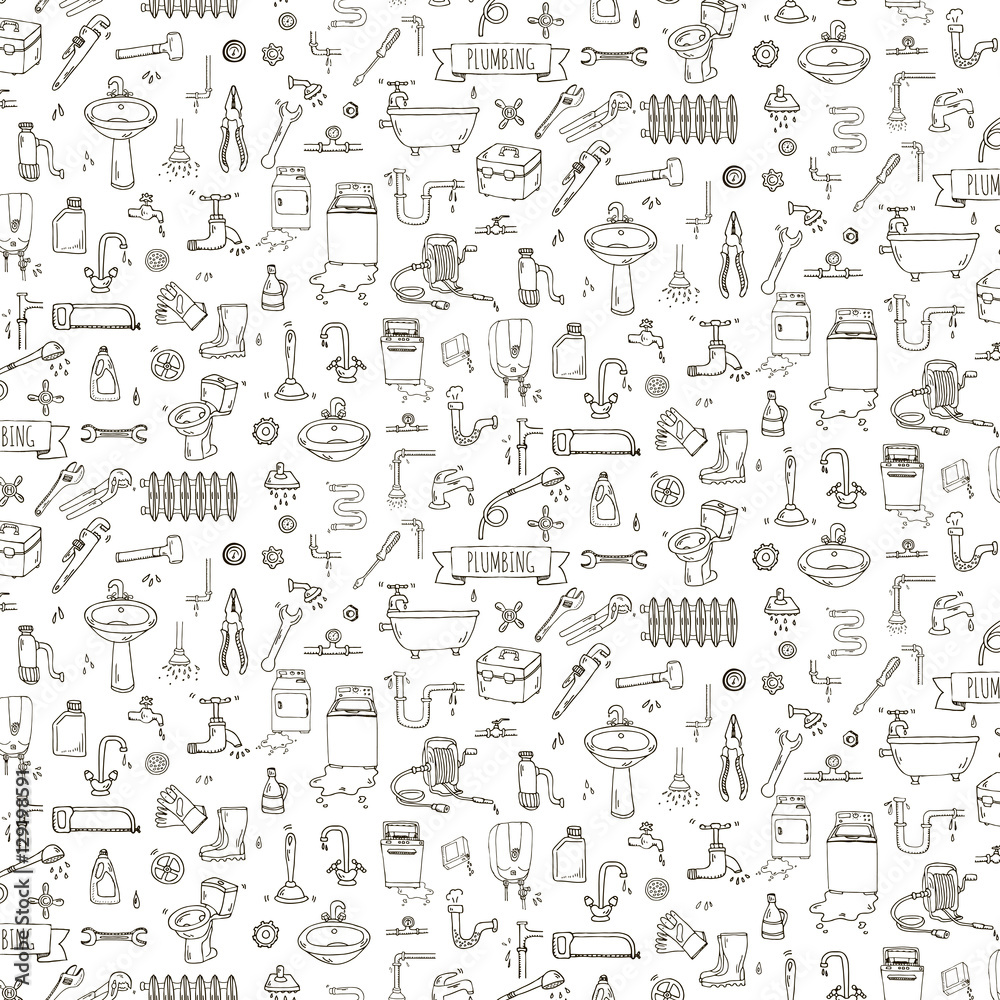 Seamless pattern Hand drawn doodle Plumbing icons set. Vector illustration. Plumber repair tools collection. Cartoon pipe sketch elements: sink, tube, drain, broken washing machine, splash, drops Leak