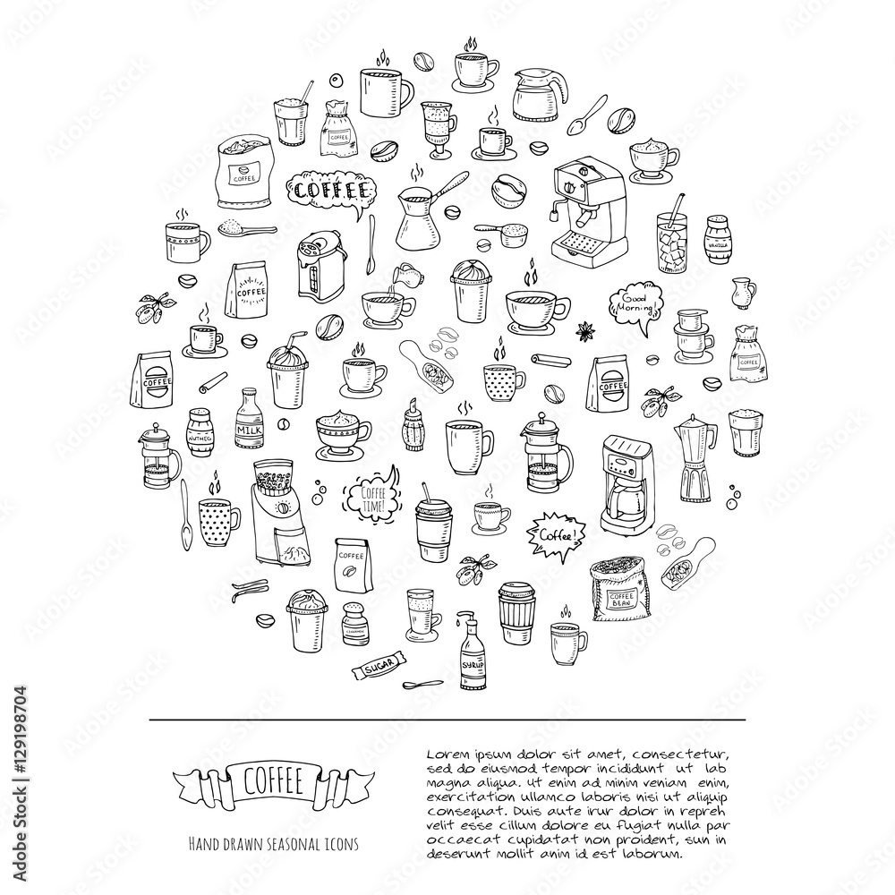 Hand drawn doodle Coffee time icon set Vector illustration isolated ...
