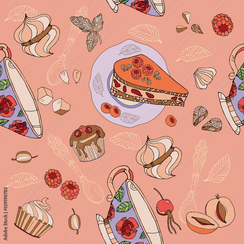 Tea seamless pattern tea party card design hand drawn vector Stock ...