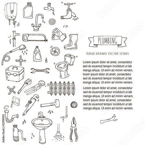 Hand drawn doodle Plumbing icons set. Vector illustration. Plumber repair tools collection. Cartoon water pipe various sketch elements: sink, tube, drain, broken washing machine, splash, drops, leak