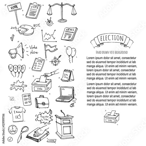 Hand drawn doodle Vote icons set. Vector illustration. Election symbols collection. Cartoon various voting elements: hand putting paper in the ballot box, speaker, scale, calendar, infographics, case.