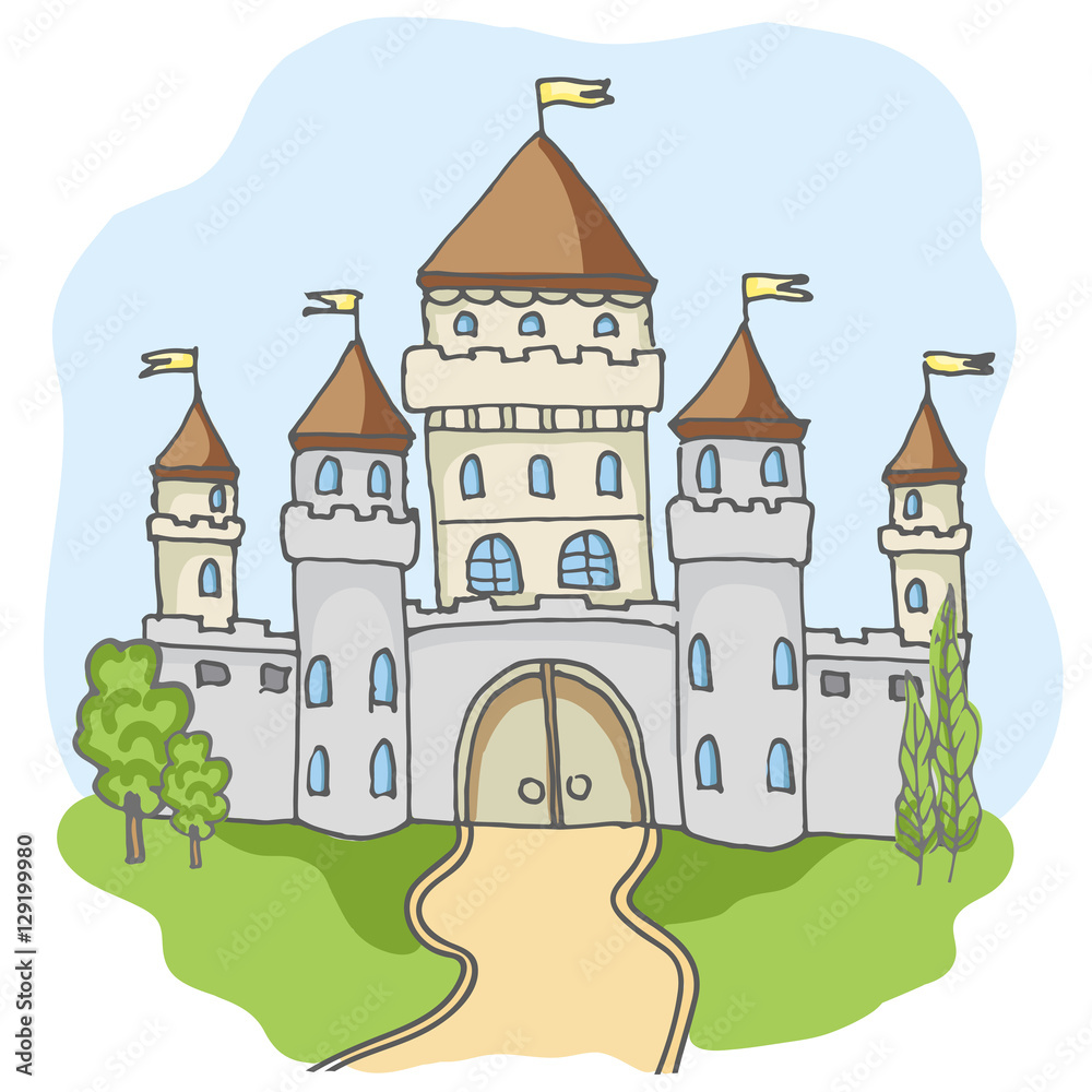 Hand drawn doodle cartoon fairy tale castle building icon. Vector illustration. Cartoon style cute castle for princess. Sketch, fairytale, game icon, magic kingdom. Blue sky and green tree, road.